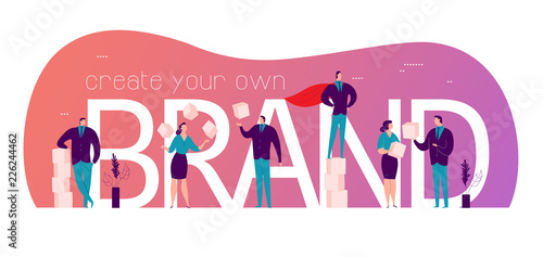 Vector flat concept design with people social community. Successful personal brand theme. Landing page, UI site, web banner, mobile app illustration design.