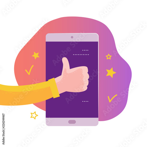 Vector mobile app concept design with online review theme. Give star rating, positive feedback concept. Human hand, smartphone. Thumb up, star icon. Illustration for landing page, UI site template.