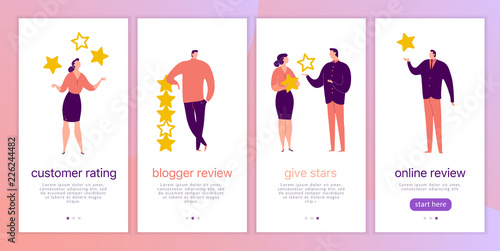 Vector mobile app interface concept design with online review theme. People with stars - give a star rating, positive feedback, discussing. Illustration for landing page, UI site template design.