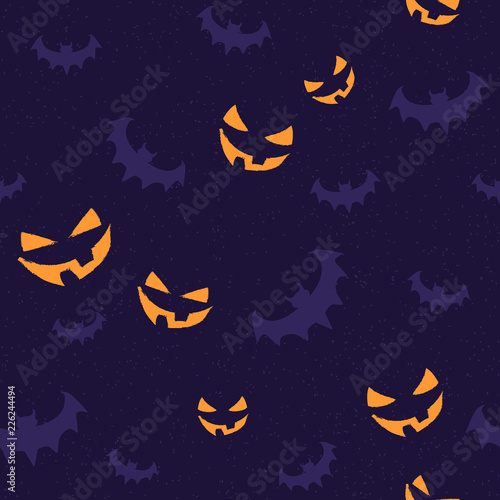 Seamless pattern with orange halloween smile and bat in stamp style. Vector illustration for holiday, print, banner or posters. Halloween background for decoration.
