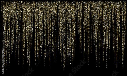 Garland lights gold glitter hanging vertical lines vector holiday background.