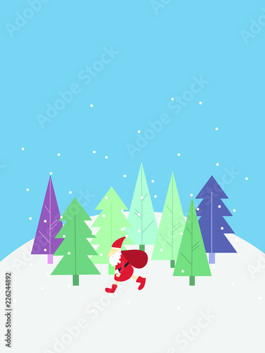 Happy New Year Card With Elves  Santa Carrying Gift Bag Over Winter Night Christmas Holiday Presents Concept Vector Illustration.