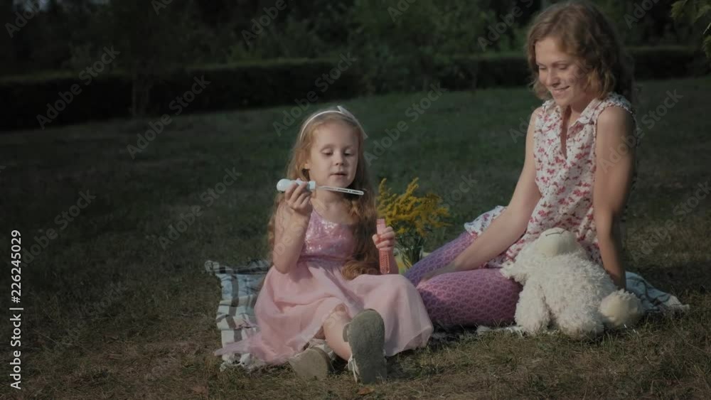 A happy mother and daughter inflate soap bubbles. Family in a city park on a picnic on a warm evening at sunset. A happy mother and daughter inflate soap bubbles. Family in a city park on a picnic on a warm evening at sunset.