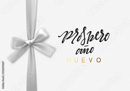 Spanish lettering Prospero ano Nuevo. Feliz Navidad. Merry Christmas Holiday background. Handwritten text, realistic textured pattern, pull ribbon bow.