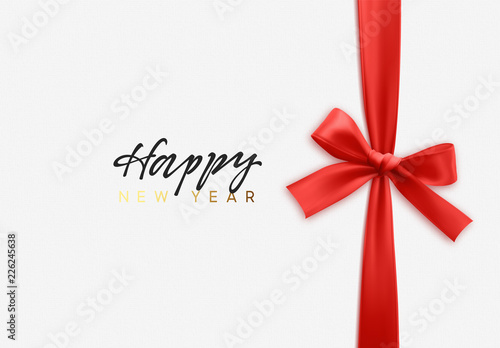 Happy New Year. Merry Christmas Holiday background. Handwritten text, realistic textured pattern, pull ribbon bow.