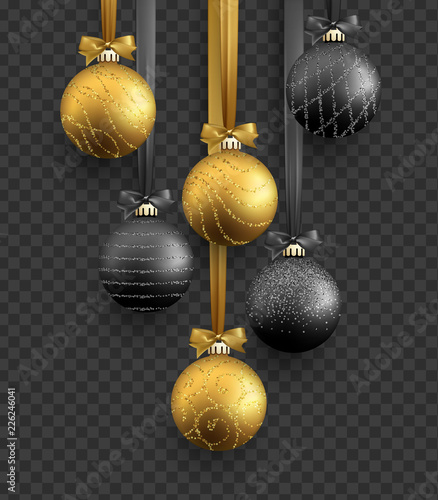 Traditional christmas decoration, hanging on ribbon xmas balls in gold and black colors. Realistic view of object isolated on transparent background