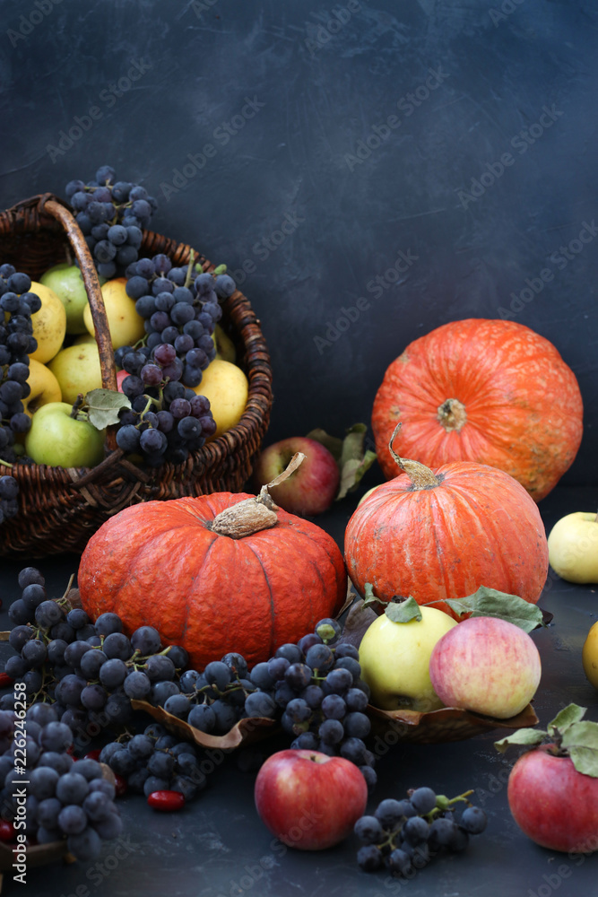 Autumn composition with apples, grapes, pumpkin and dogwood. Located on a dark background. Autumn harvest. Apples and grapes in basket. Copy space