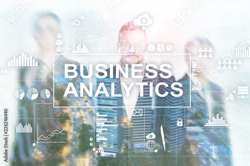 Business analytics concept on double exposure background.