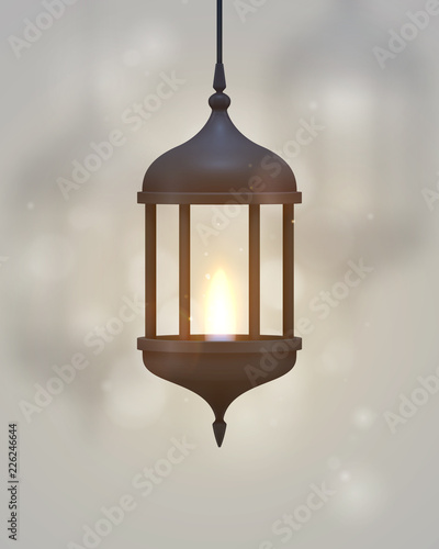 Vintage dark blue lantern with a burning realistic fire
