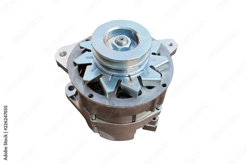 Car alternator isolated on white. Clipping path included.