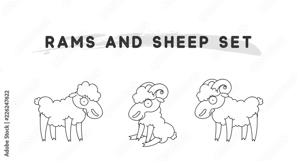 Rams amd sheep set linear style. Character animal