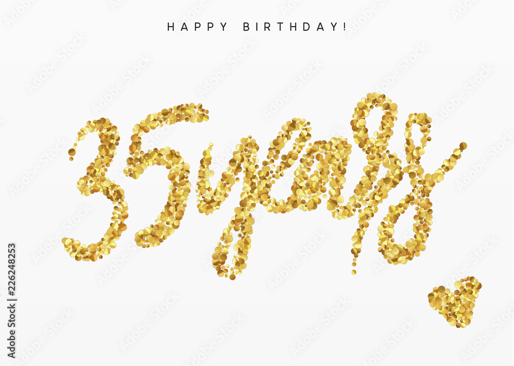 Thirty-five years,Number 35, lettering sign from golden confetti. Thirty-five years,Number 35, lettering sign from golden confetti.