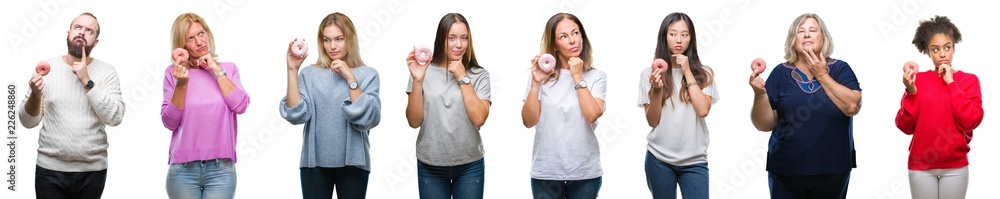 Collage of group of people eating donut over isolated background serious face thinking about question, very confused idea Collage of group of people eating donut over isolated background serious face thinking about question, very confused idea