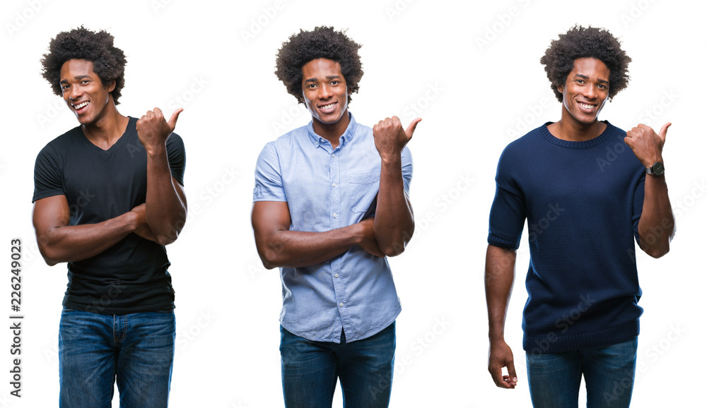 Collage of african american young handsome man over isolated background smiling with happy face looking and pointing to the side with thumb up. Collage of african american young handsome man over isolated background smiling with happy face looking and pointing to the side with thumb up.