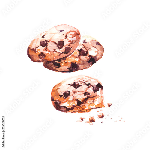 Watercolour hand painted illustration of chocolate cookies. Use for food and diet magazine article design web decoration cover and card.