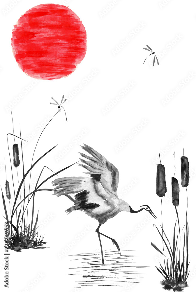 Japanese Crane Bird Drawing Watercolor Ink Stock Illustration 1188282910 |  Shutterstock