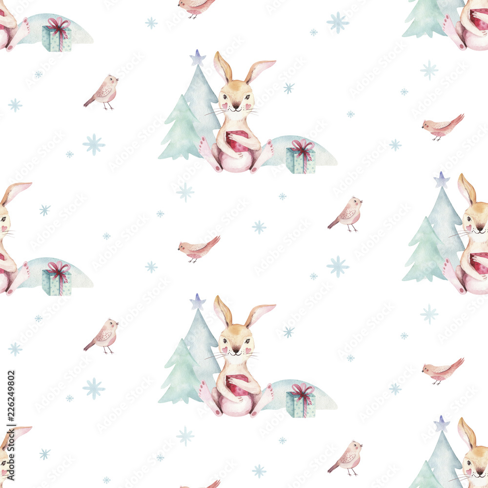 Watercolor Merry Christmas seamless patterns with snowman, holiday cute animals deer, rabbit. Christmas celebration paper. Winter new year design. Watercolor Merry Christmas seamless patterns with snowman, holiday cute animals deer, rabbit. Christmas celebration paper. Winter new year design.