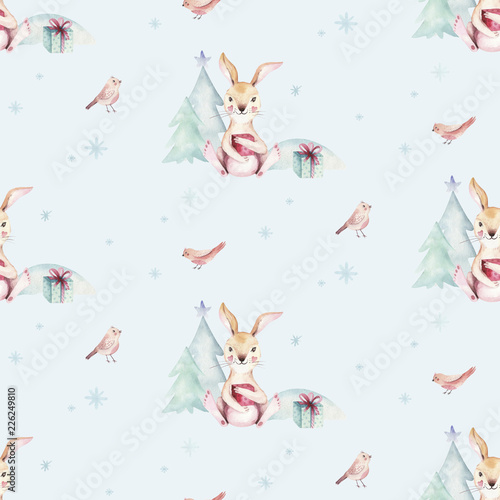 Fototapeta Naklejka Na Ścianę i Meble -  Watercolor Merry Christmas seamless patterns with snowman, holiday cute animals deer, rabbit. Christmas celebration paper. Winter new year design.