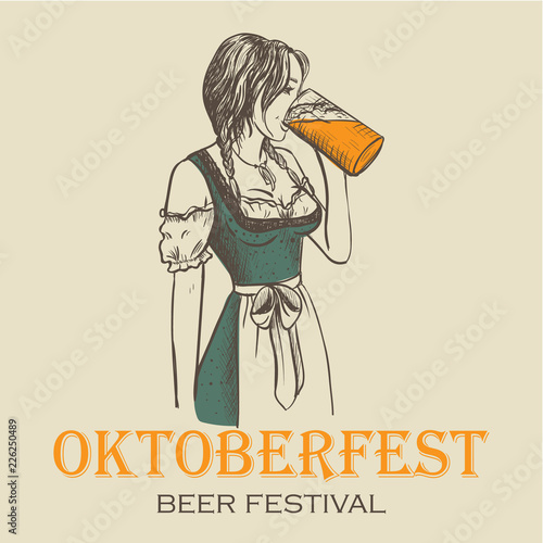 Oktoberfest Girl drinks beer. 