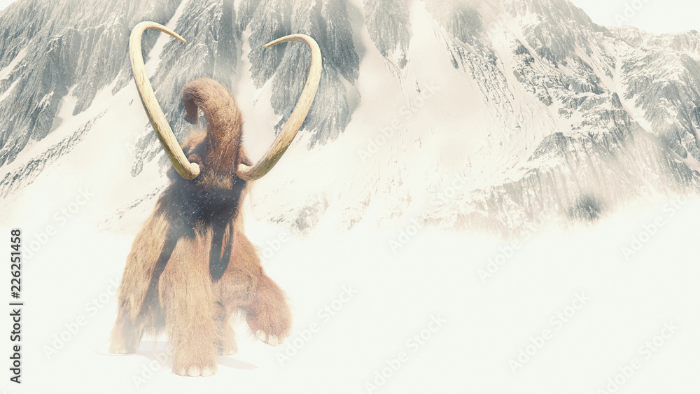 woolly mammoth in a snow storm, prehistoric mammal in ice age landscape ...