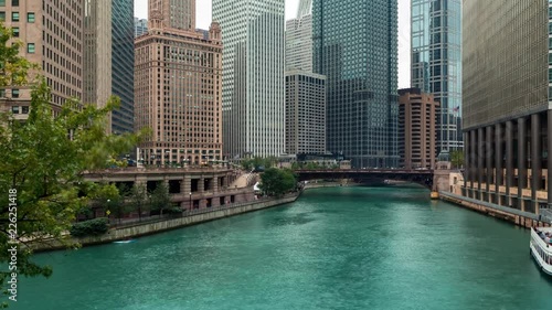 Time-lapse of boats travling on the Chicago River in Downtown Chicago