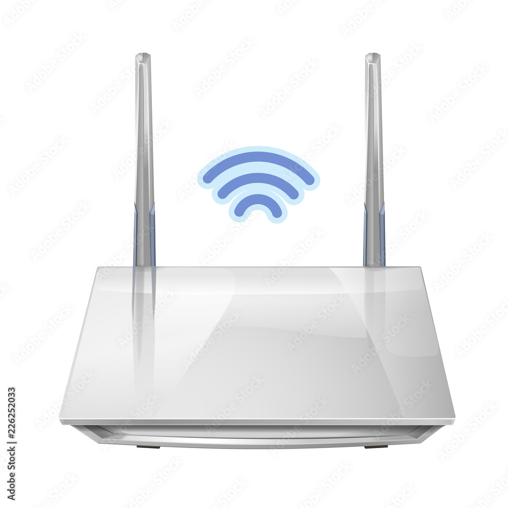 Realistic 3D wireless router isolated on white background. Source of wi ...