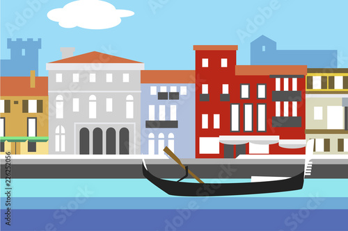 Venice city colorful flat style vector illustration. Cityscape with embankment, buildings and gondola. Composition for your design.