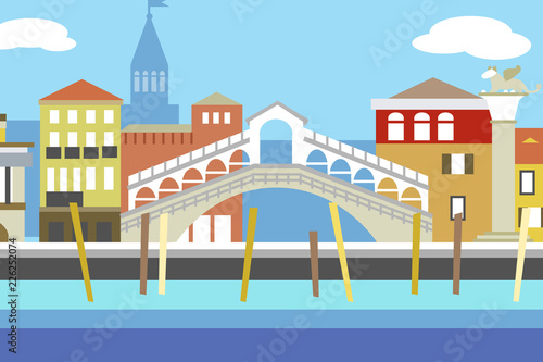 Venice city colorful flat style vector illustration. Cityscape with embankment and buildings. Composition for your design. © NatelaPancake