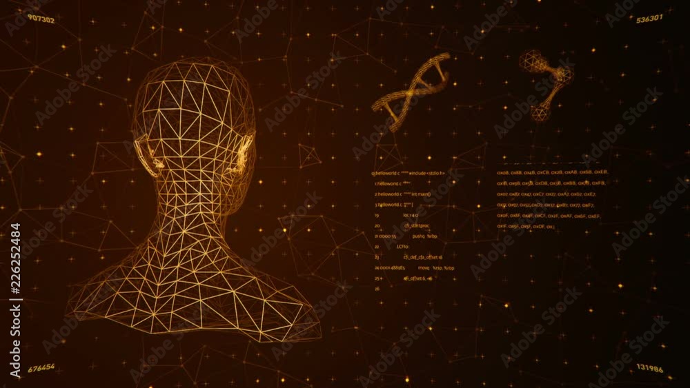 Background with animation of abstract interface. Human body, head, hands, DNA spirals and models of atom in wireframe style and animation programming codes. Animation of seamless loop. Background with animation of abstract interface. Human body, head, hands, DNA spirals and models of atom in wireframe style and animation programming codes. Animation of seamless loop.