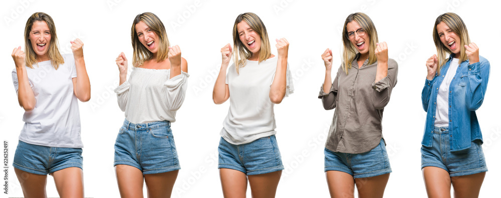 Collage of blonde beautiful woman wearing casual look over white isolated backgroud very happy and excited doing winner gesture with arms raised, smiling and screaming for success. Celebration