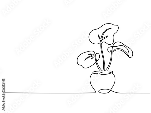 Continuous one line drawing. House plant in pot. Vector illustration