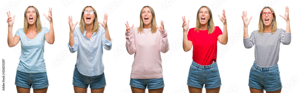 Collage of blonde beautiful woman wearing casual look over white isolated backgroud crazy and mad shouting and yelling with aggressive expression and arms raised. Frustration concept. Collage of blonde beautiful woman wearing casual look over white isolated backgroud crazy and mad shouting and yelling with aggressive expression and arms raised. Frustration concept.