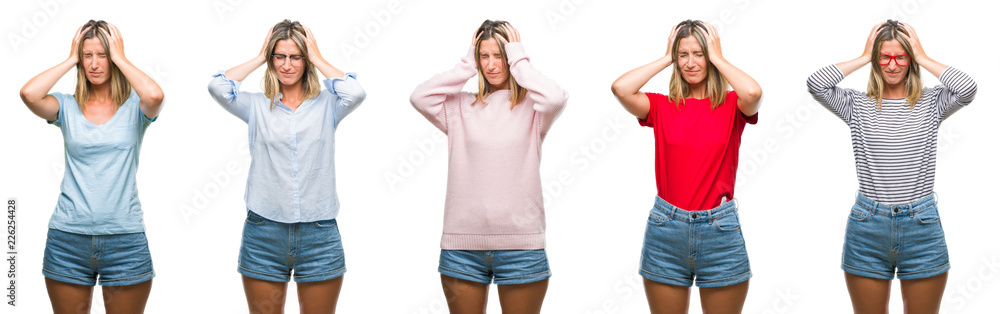Collage of blonde beautiful woman wearing casual look over white isolated backgroud suffering from headache desperate and stressed because pain and migraine. Hands on head. Collage of blonde beautiful woman wearing casual look over white isolated backgroud suffering from headache desperate and stressed because pain and migraine. Hands on head.