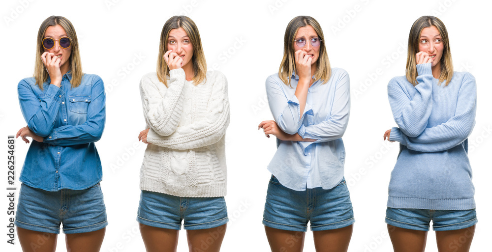 Obraz premium Collage of blonde beautiful woman wearing casual look over white isolated backgroud looking stressed and nervous with hands on mouth biting nails. Anxiety problem.