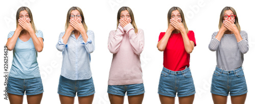 Collage of blonde beautiful woman wearing casual look over white isolated backgroud shocked covering mouth with hands for mistake. Secret concept.