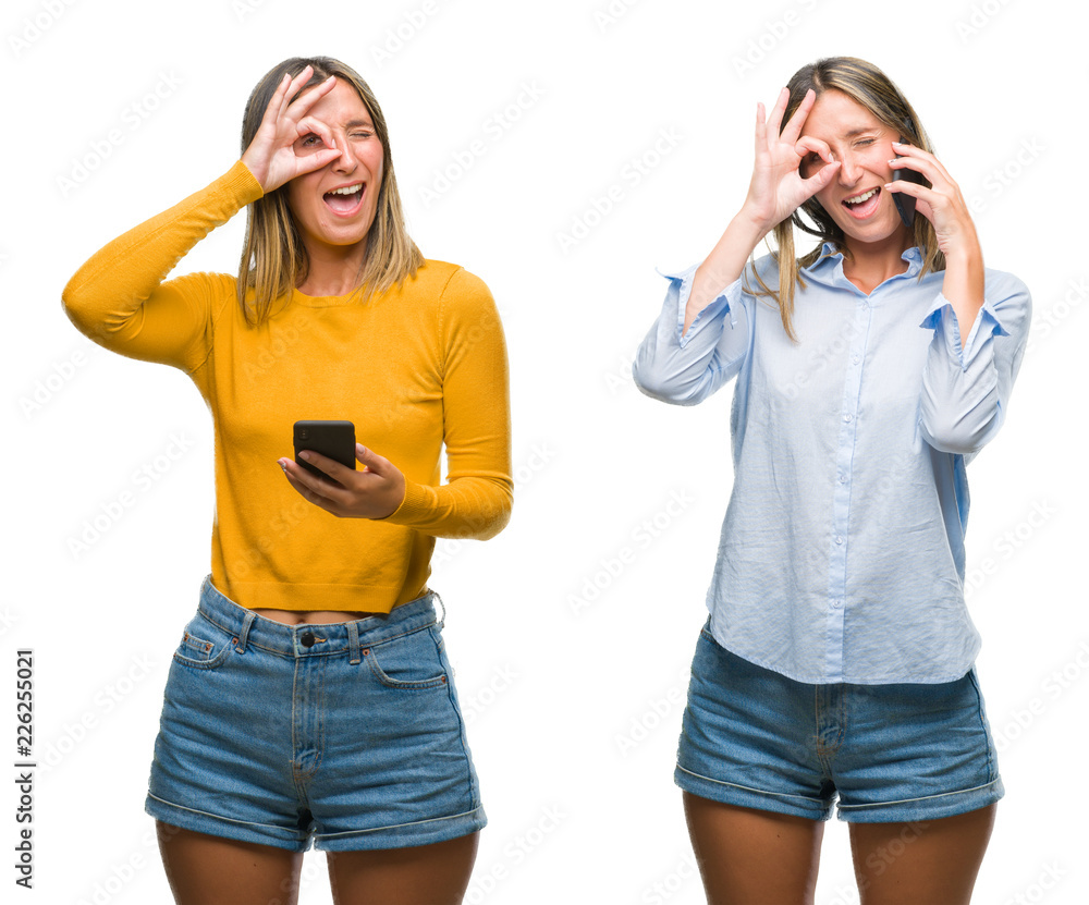 Collage of blonde beautiful woman using smartphone over white isolated backgroud with happy face smiling doing ok sign with hand on eye looking through fingers Collage of blonde beautiful woman using smartphone over white isolated backgroud with happy face smiling doing ok sign with hand on eye looking through fingers