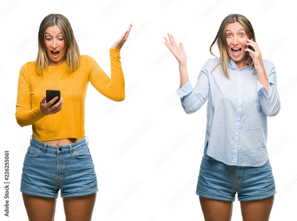 Collage of blonde beautiful woman using smartphone over white isolated backgroud very happy and excited, winner expression celebrating victory screaming with big smile and raised hands Collage of blonde beautiful woman using smartphone over white isolated backgroud very happy and excited, winner expression celebrating victory screaming with big smile and raised hands