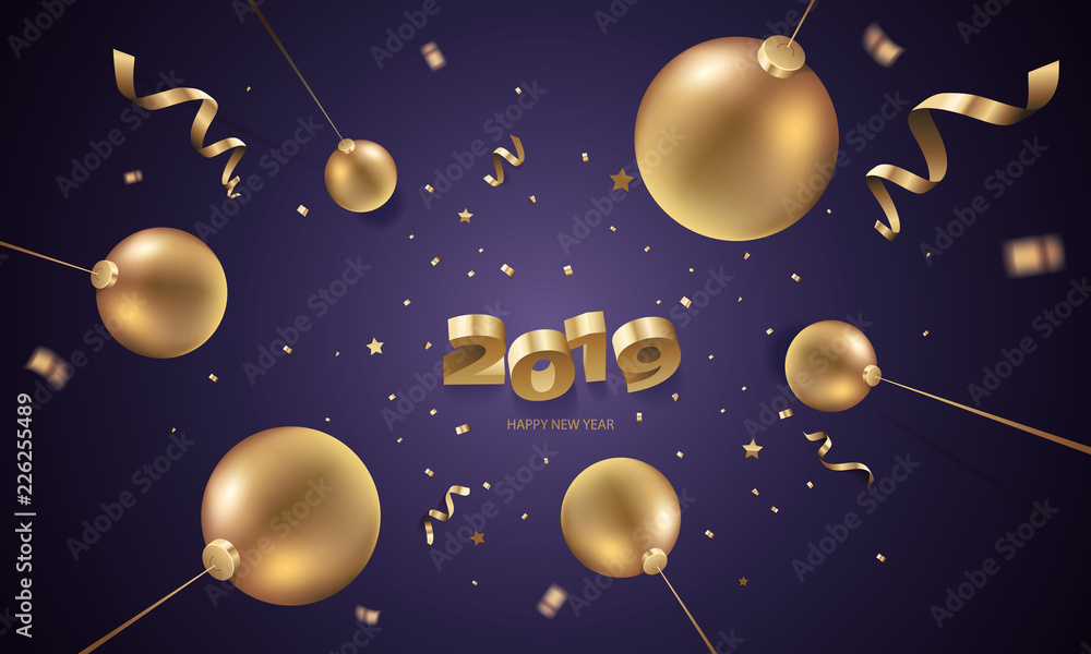 Happy New Year 2019 background with Christmas decoration and confetti.