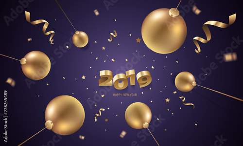 Fototapeta Naklejka Na Ścianę i Meble -  Happy New Year 2019 background with Christmas decoration and confetti.