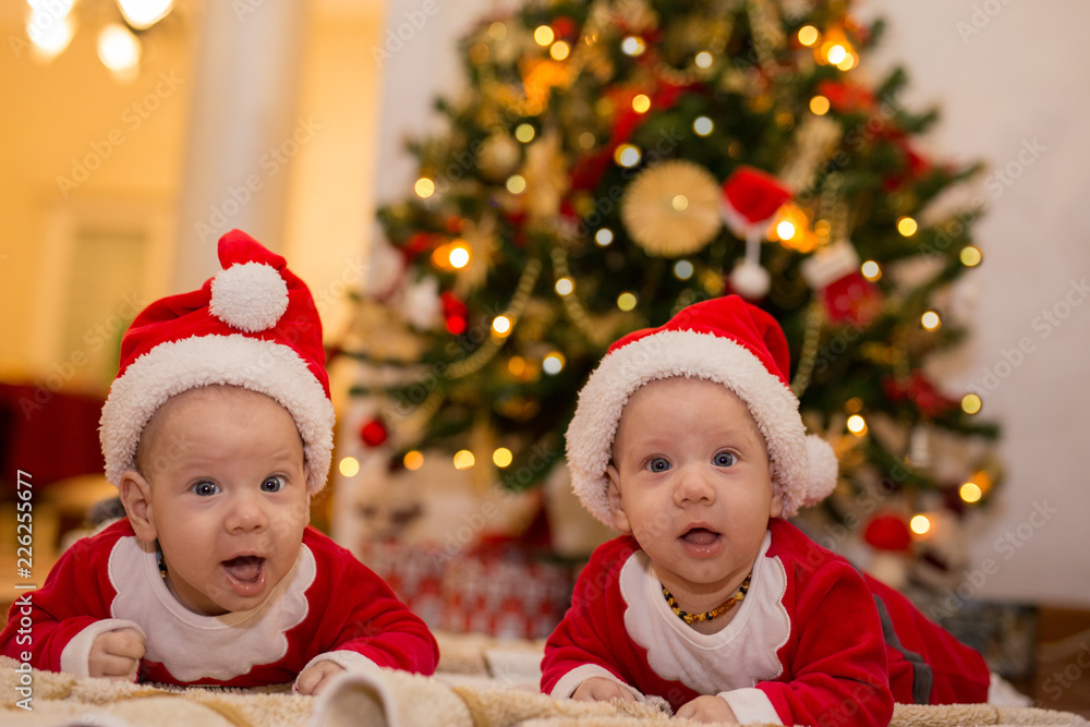 Cute baby siblings in front of a christmas tree Cute baby siblings in front of a christmas tree