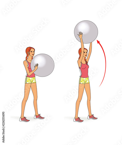 The girl in sportswear performs stretching and balance exercises. Squats, spins, waving her arms, bending. Isolated on white background