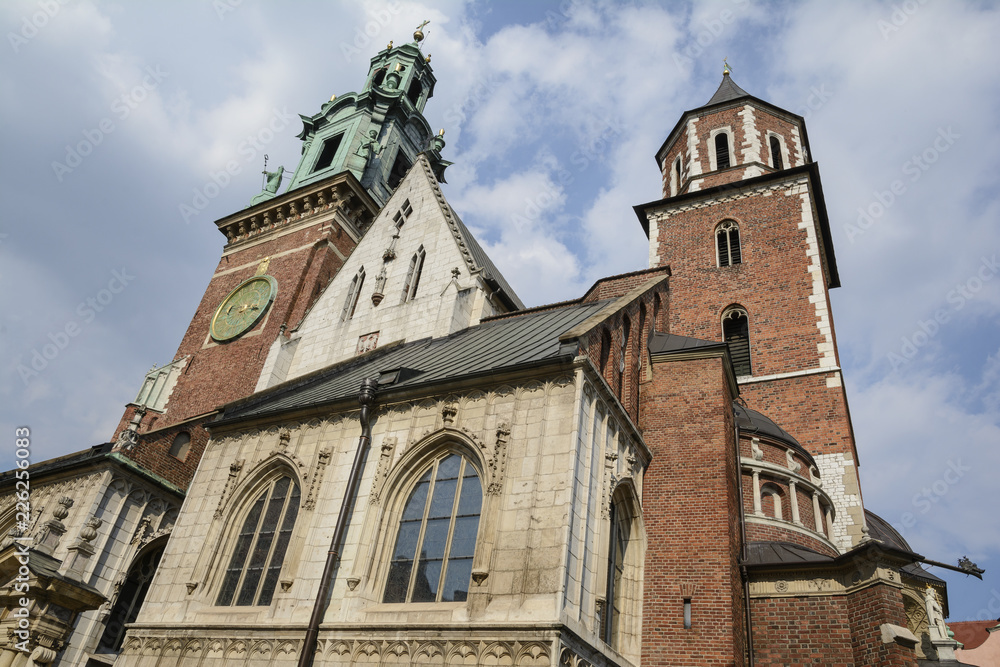 The Royal Archcathedral Basilica of Saints Stanislaus and Wenceslaus on the Wawel Hill. Architecture close up, part of Wawel Castle in Krakow, Poland. 