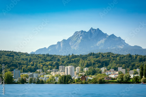 Panoramic view of the Mount Pilatus in Luzern, Switzerland from the boat on Lake of Luzern in a summer day.