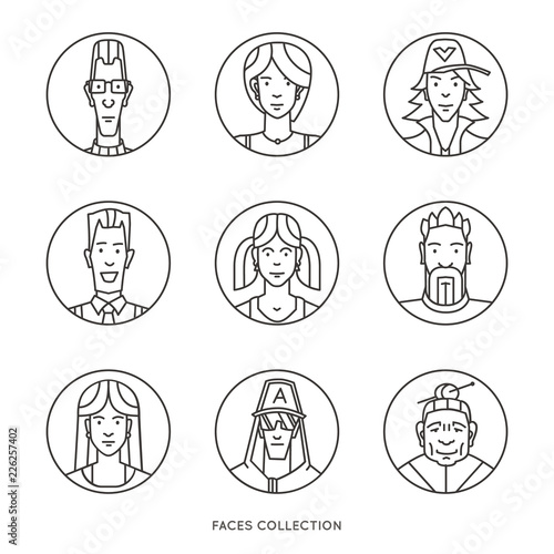 People faces of different ages and social groups. Colored vector icons set in trendy flat style