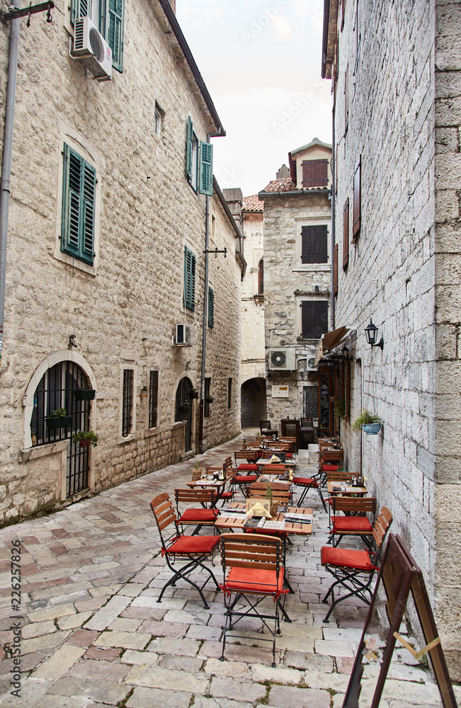 Montenegro. The Town Of Kotor. Streets of old Kotor. cafe on the street