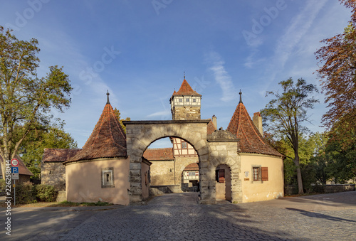Roeder gate at the town wall gives entrance to Rothenburg ob der Tauber