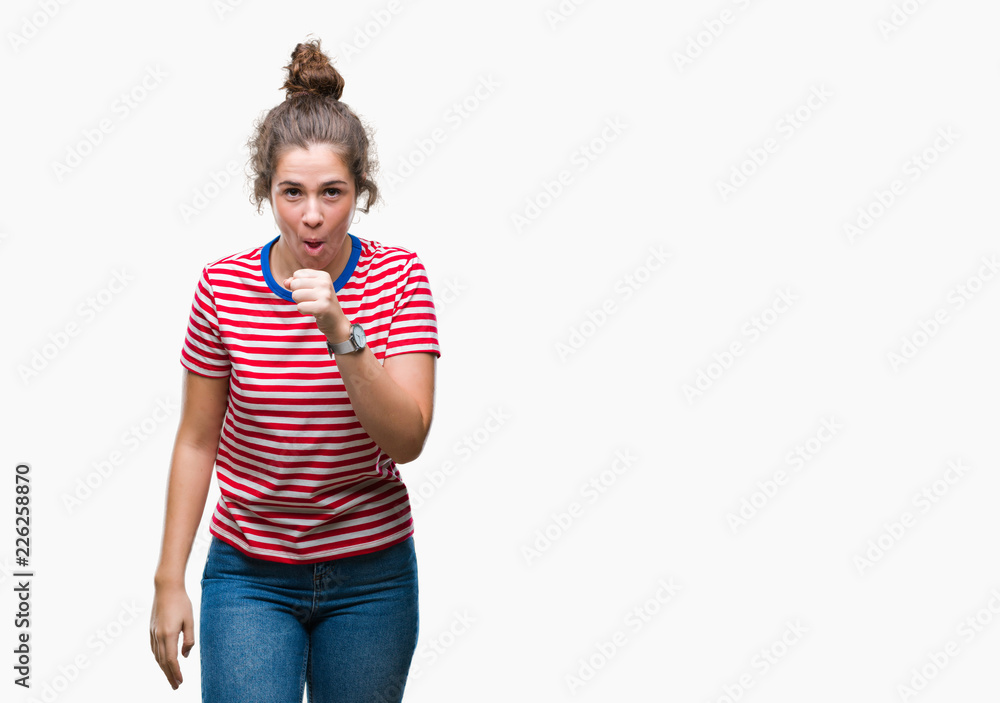 Fototapeta premium Beautiful brunette curly hair young girl wearing casual look over isolated background feeling unwell and coughing as symptom for cold or bronchitis. Healthcare concept.