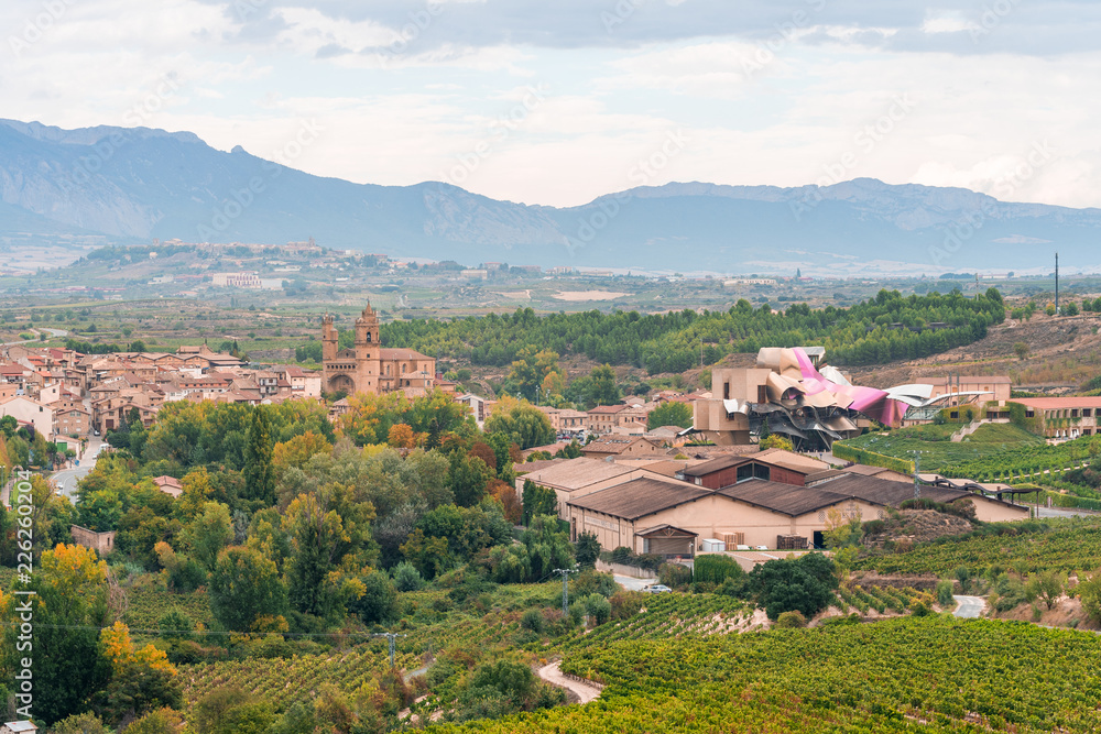 countryside town of elciego in la rioja with marques del fiscal winery at background, Spain