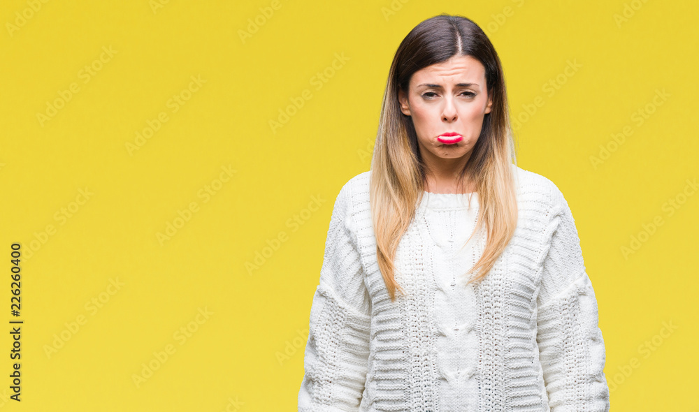 Young beautiful woman casual white sweater over isolated background depressed and worry for distress, crying angry and afraid. Sad expression. Young beautiful woman casual white sweater over isolated background depressed and worry for distress, crying angry and afraid. Sad expression.