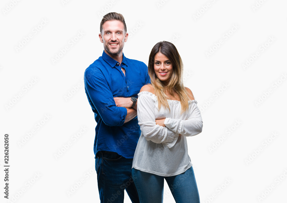 Young couple in love over isolated background happy face smiling with crossed arms looking at the camera. Positive person. Young couple in love over isolated background happy face smiling with crossed arms looking at the camera. Positive person.